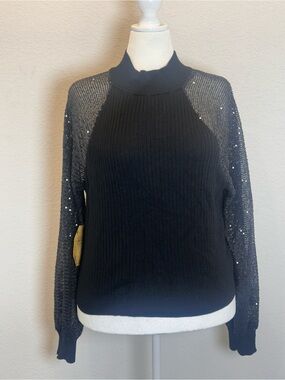 Black Sequin Sleeve Mock Neck Sweater - Women's